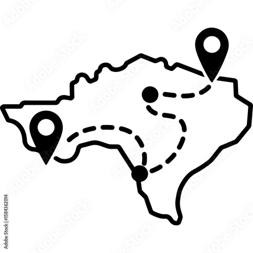 Sketchy emblem of tourist route marked on the map of the mainland state. Engraving minimalistic vector in black ink drawing on transparent background