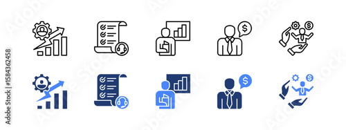 Business incubator icon sheet with Business development, Business plan, Business coaching, Business advisor, Entrepreneur.