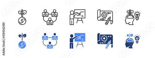 Business incubator icon sheet with Funding, Investor relations, Pitching, Prototype, Growth mindset.