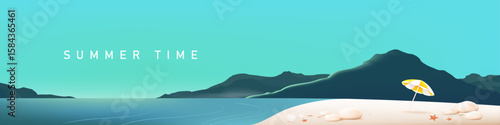 Landscape summer beach scene banner background with sea mountain sky and sun umbrella in clean modern style
