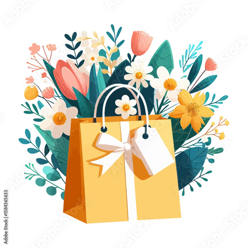  A cartoonish illustration of a yellow gift bag with a white bow and tag, surrounded by vibrant flowers and leaves, ideal for websites/blogs on gifting, shopping, events, or retail.