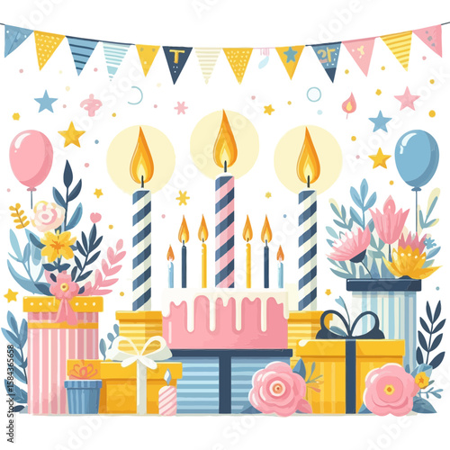 A vibrant, cartoonish illustration of a birthday celebration with candles, cake, balloons, presents, and banners, perfect for websites/blogs on parties, events, or greeting cards