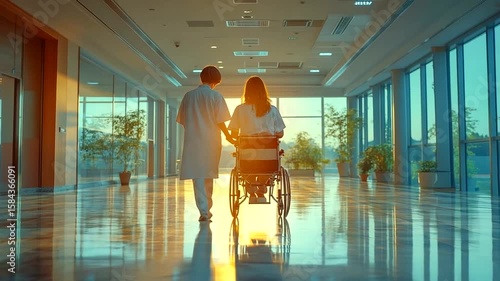 Doctor and Patient in Wheelchair Walking in Hospital Hallway During Sunset Light
