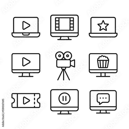 Online cinema and movie streaming vector icons. Outline symbols. Line design