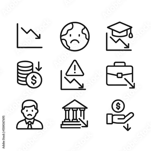 Financial downturn and economic decline vector icons. Outline symbols. Line design