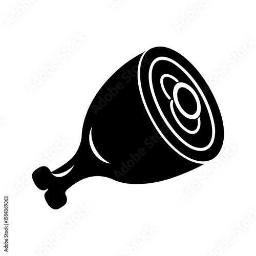 Bold solid black ham icon with round cut design, minimal meat graphic vector illustration 