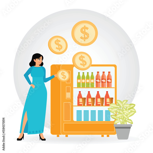 Vending Machine. Woman Using a Vending Machine with Floating Money Symbols.