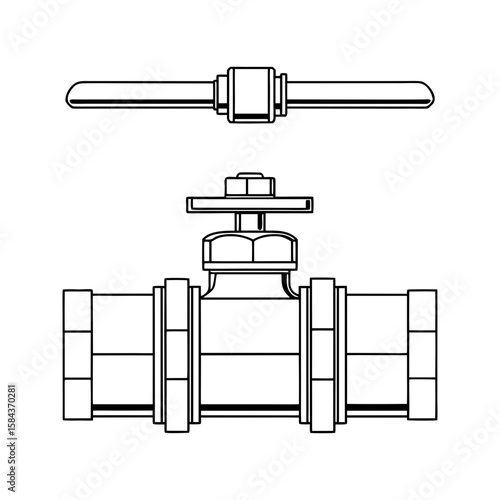 Plumbing ball valve with extended lever and pipe fitting vector illustration 