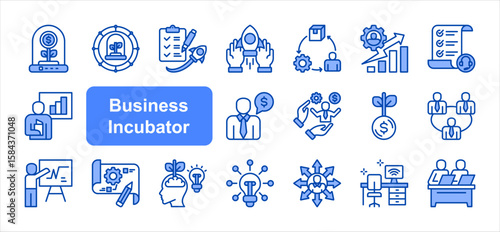 Business incubator editable stroke icon set, with Startup, Funding, Business development, Product development, Business plan, Innovation.