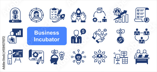 Business incubator editable stroke icon set, with Startup, Funding, Business development, Product development, Business plan, Innovation.