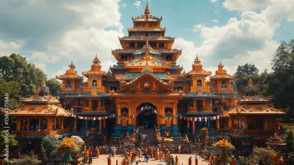 Fototapeta premium Grand temple complex with tiered structures and colorful decorations.