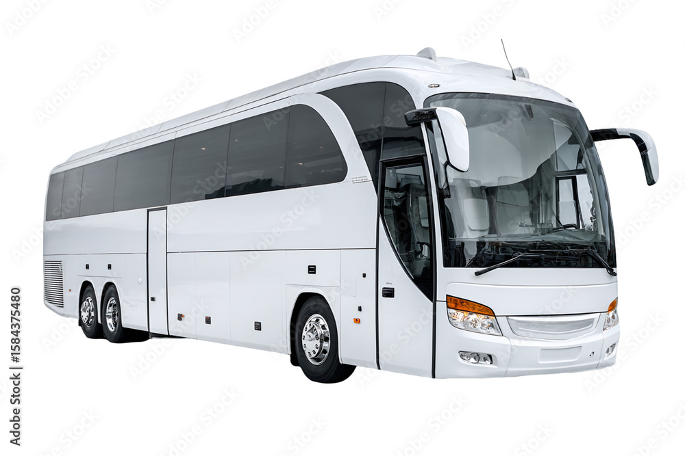 Sleek White Passenger Bus with Tinted Windows and Chrome Wheels Isolated on a Transparent Background for Transportation and Vehicle Imagery, PNG Sleek White Passenger Bus with Tinted Windows and Chrome Wheels Isolated on a Transparent Background for Transportation and Vehicle Imagery, PNG