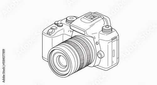 Detailed line drawing of a digital single-lens reflex camera, showing its components.
