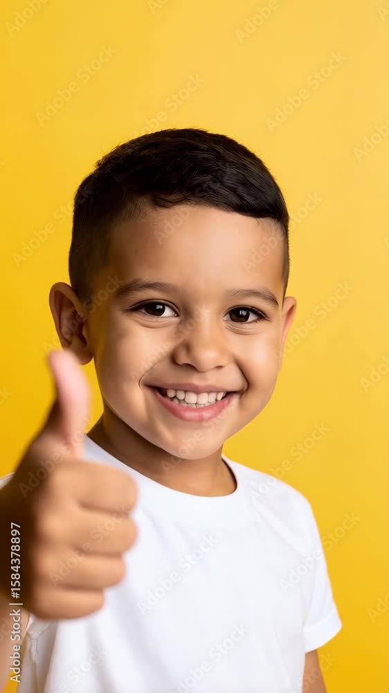Happy young boy with a toothy grin gives a thumbs-up gesture on a vibrant yellow background; a cheerful kid wearing a white t-shirt expressing approval. Happy young boy with a toothy grin gives a thumbs-up gesture on a vibrant yellow background; a cheerful kid wearing a white t-shirt expressing approval.