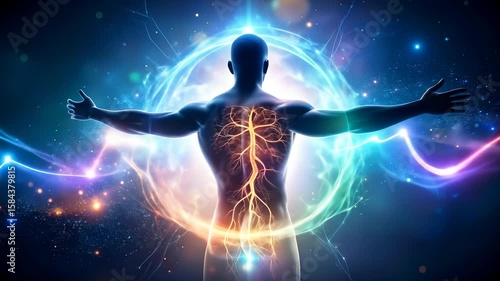 Abstract visualization of energy flow within the human body and surrounding aura