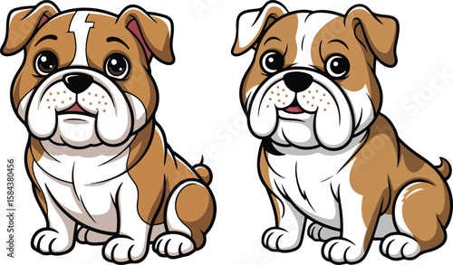 Two adorable cartoon bulldog puppies with charming wrinkles and sweet, innocent expressions.