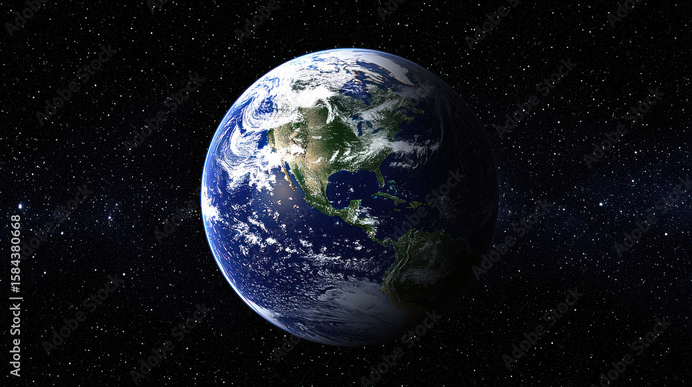 Fototapeta premium A planet Earth with a blue and green color scheme, viewed from space with stars in the background.