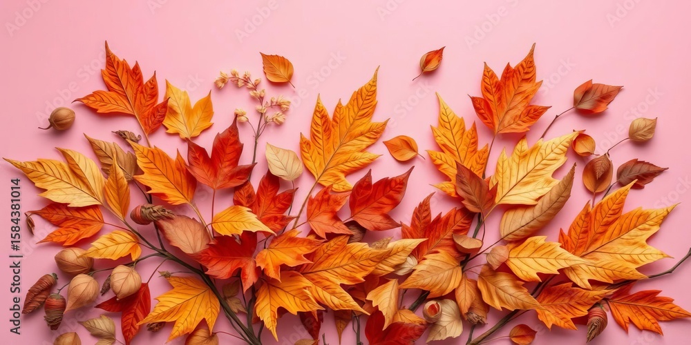 Fototapeta premium Intricate arrangement of dried leaves in warm autumnal tones against a soft pink backdrop, dried leaves, elegant