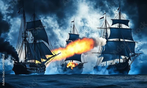 Naval Combat: Classic Tall Ships Engage in Fierce Sea Battle Amidst Stormy Seas