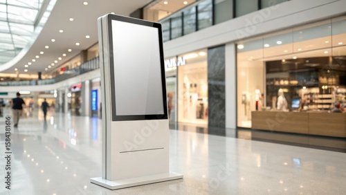 Blank Digital Kiosk in Modern Shopping Mall, Advertising Display Mockup, Retail Signage, Vertical Composition, Digital Signage Digital Kiosk, Retail Advertising