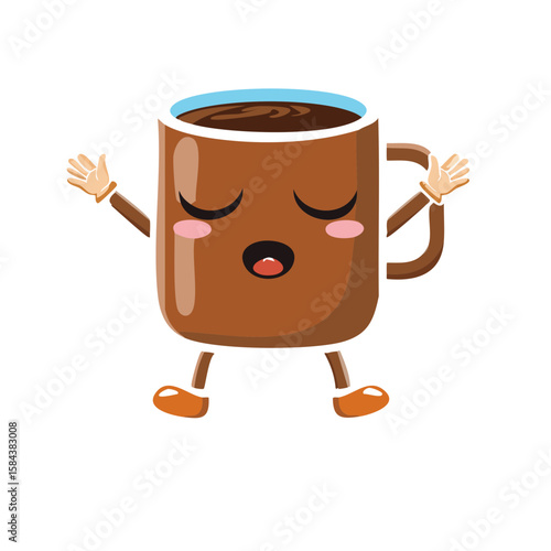 Cute Cartoon Coffee Mug Character with Relaxed Face and Closed Eyes