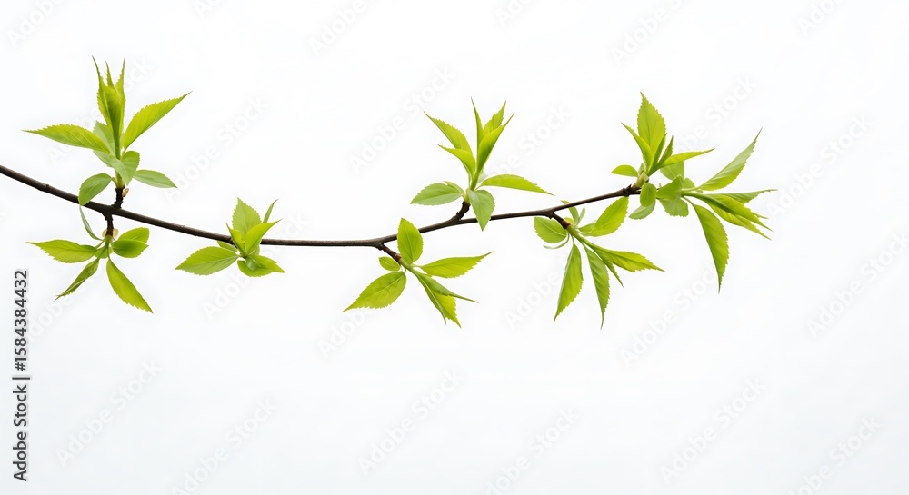 Naklejka premium Serene Spring Branch: Vibrant Green New Leaves Against a Soft White Sky, Nature Photography