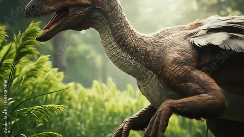 Magnificent feathered raptor saunters through prehistoric foliage on a sunny afternoon