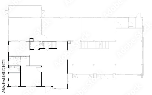2D AutoCAD Drawing - Ground Floor House Layout with Door, Window Frames, and Room Zoning Vector