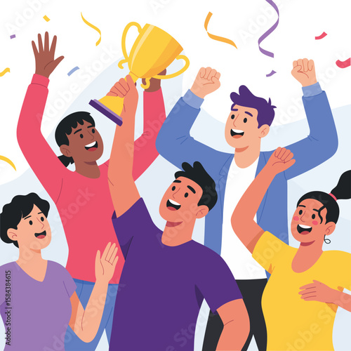 Diverse group of friends celebrating victory holding a golden trophy with confetti falling