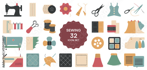 Collection of 32 flat design icons for sewing and tailoring crafts