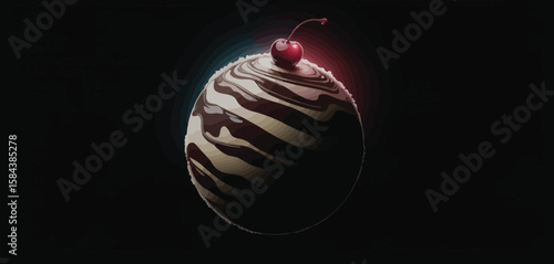 Delicious spherical ice cream sundae topped with a bright red cherry