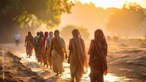 Indian women walking through rural village in sunlight, cultural heritage and tradition