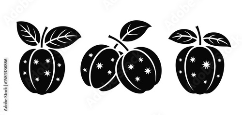 Three stylized black plums with star patterns and leaves on a white background