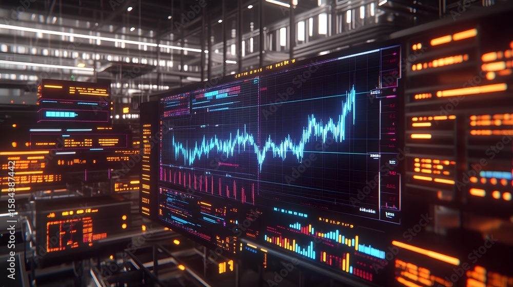 Futuristic control panel with glowing displays and charts. Futuristic control panel with glowing displays and charts.
