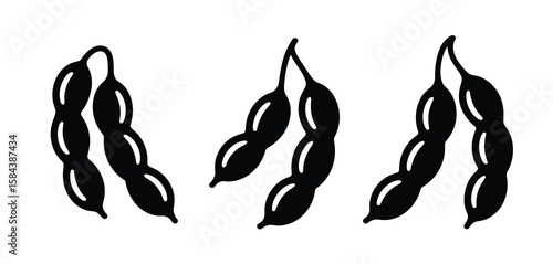 Three stylized black and white illustrations of pea pods on a white background