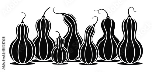 Collection of stylized black and white gourds with curved stems on a white background