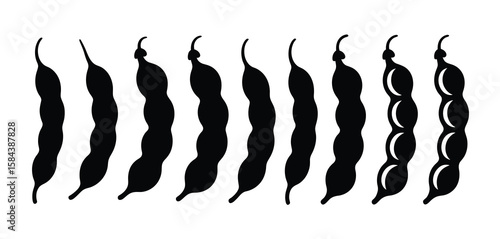 Row of black silhouette bean pods with wavy texture on white background