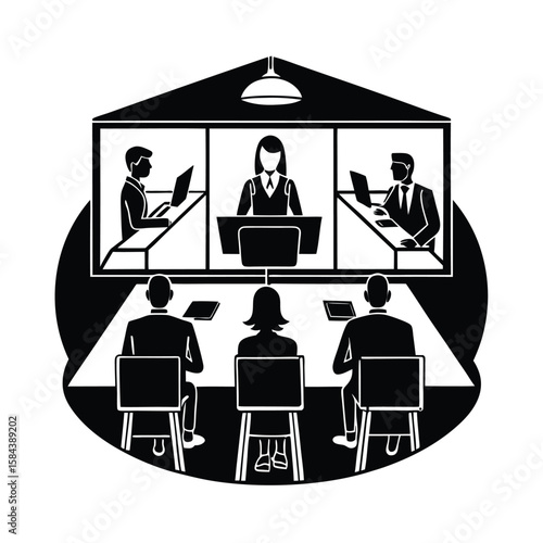 Corporate hybrid office with shared workspaces and collaboration zones for team members vector silhouette on white background