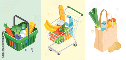 Grocery Shopping Fresh Produce Cart Bag and Basket