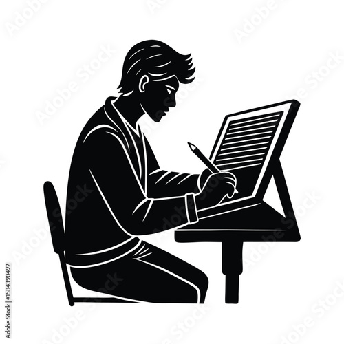 Creative freelancer using drawing tablet and stylus in modern remote workstation vector silhouette on white background