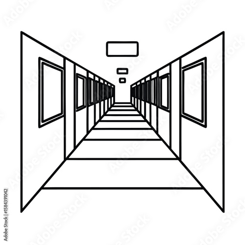 Hybrid office corridor with smart screens and shared desks for flexible team collaboration vector line art on white background