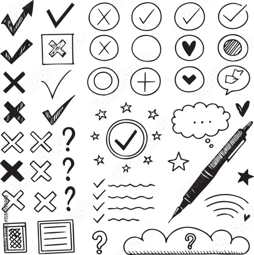 Hand-Drawn Checkmark, Cross, and Question Mark Doodle Set for Feedback and Tasks

