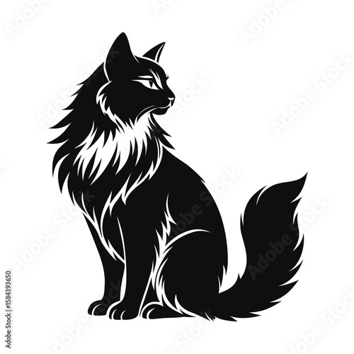 Stylized black cat with fluffy mane sitting and looking to the side isolated on white background