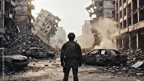 Wallpaper Mural Soldier stands in destroyed city with collapsed buildings and smoke Torontodigital.ca