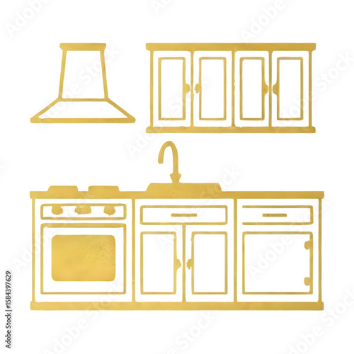 Golden outline of a modern kitchen with stove sink cabinets and range hood