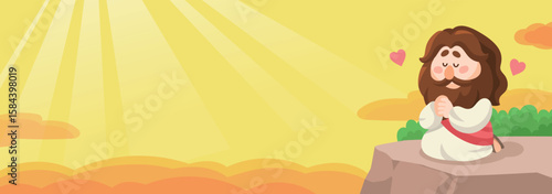Illustration of cute cartoon Jesus praying on cliff with sunset background Christian and Catholic banner design for children's Sunday classes