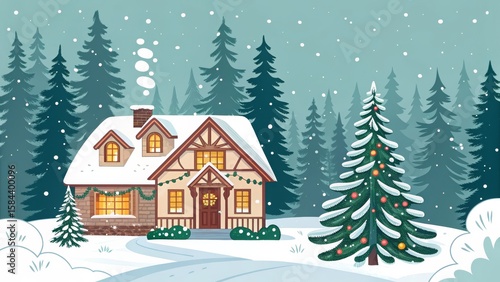 Snowy Cottage in Winter For...