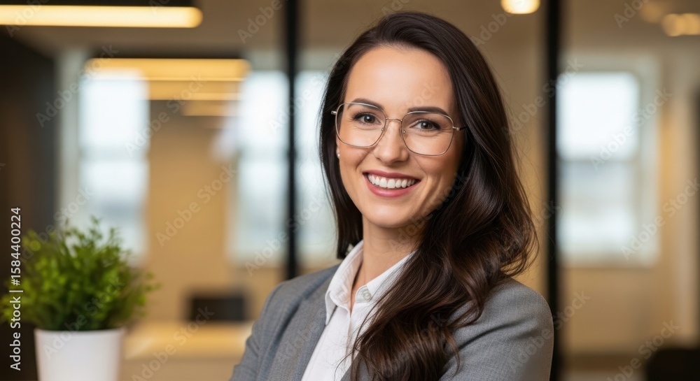 Obraz premium Photo of smiling brunette businesswoman with glasses poses in a modern office