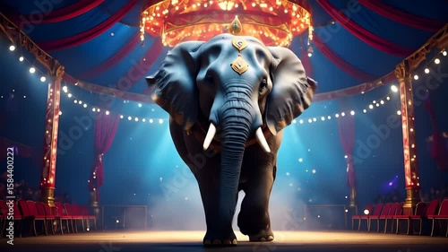 Magnificent Elephant in a Grand Circus Ring Under Spotlight, Captivating Performance