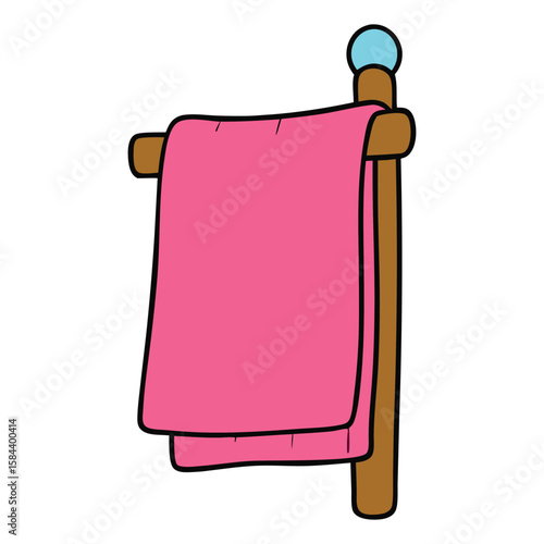 A soft pink towel hangs neatly on a rustic wooden rack, adding a cozy touch of warmth and color to the space, perfect for freshening up any bathroom or spa area.
